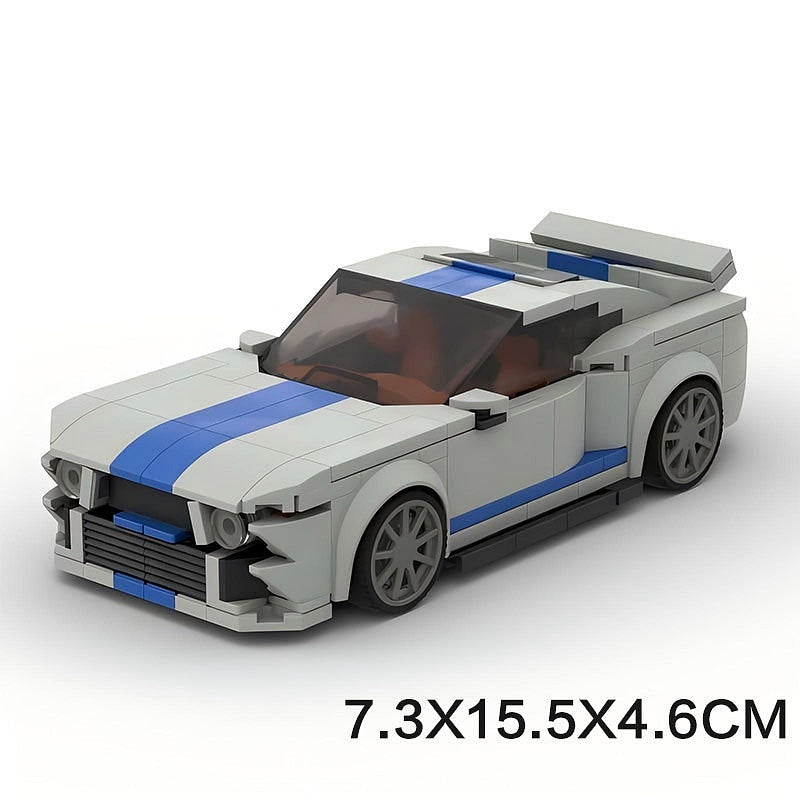 V8 G5 500 Racing Muscle Car MOC Building Kit | Silver Blue Vehicle Model - 19