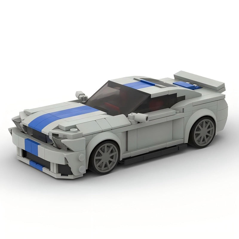 V8 G5 500 Muscle Car Silver and Blue Racing Car Building Kit | LEGO-Compatible MOC - 1