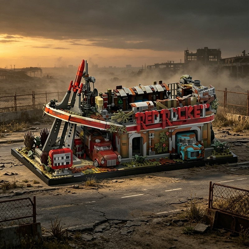 Wasteland Red Gas Station MOC Building Kit | Post-Apocalyptic Garage - 1