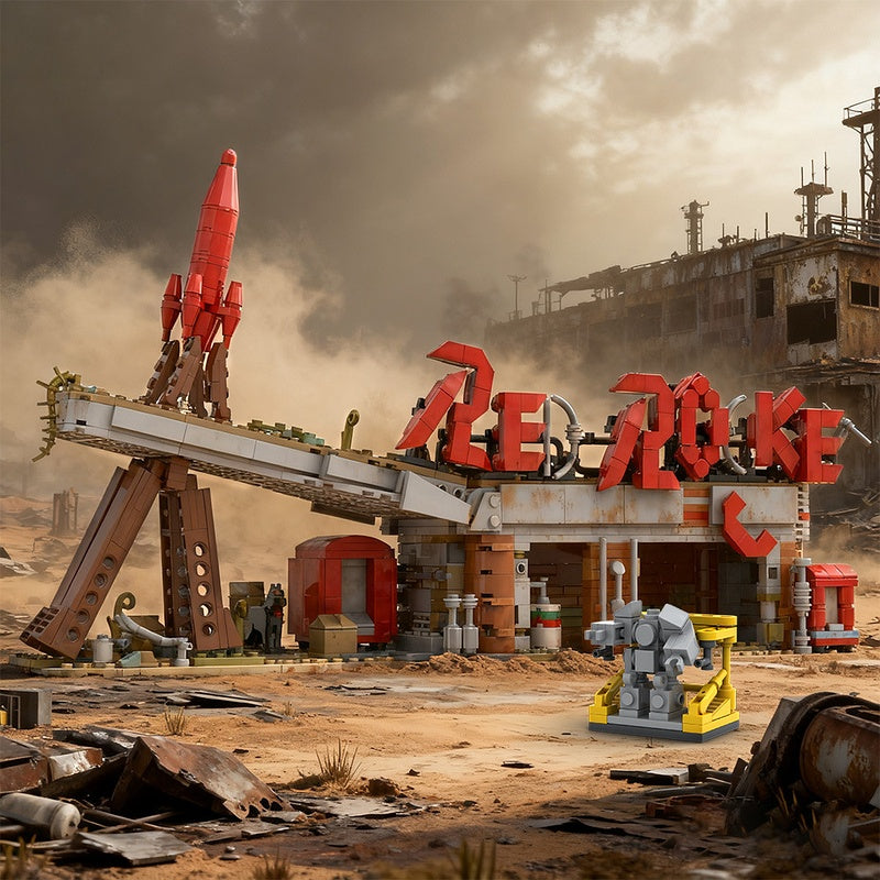 Wasteland Red Gas Station MOC Building Kit | Post-Apocalyptic Garage - 1